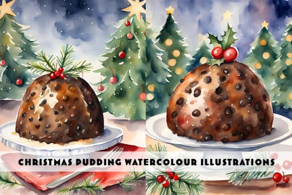 Christmas Pudding Watercolour Duo: Festive Digital Art