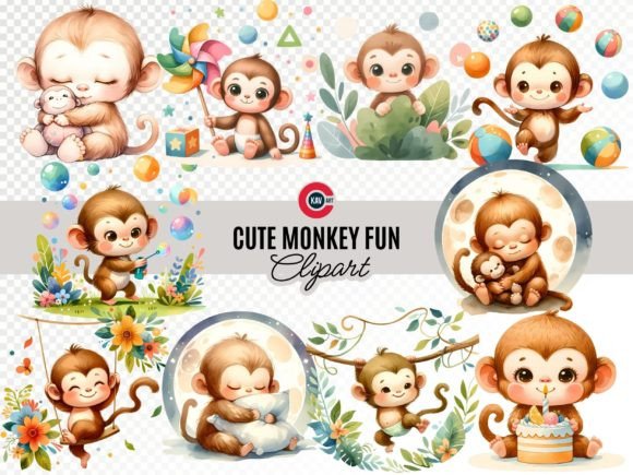 Cute Monkey Watercolour Clipart: A Playful Design Asset